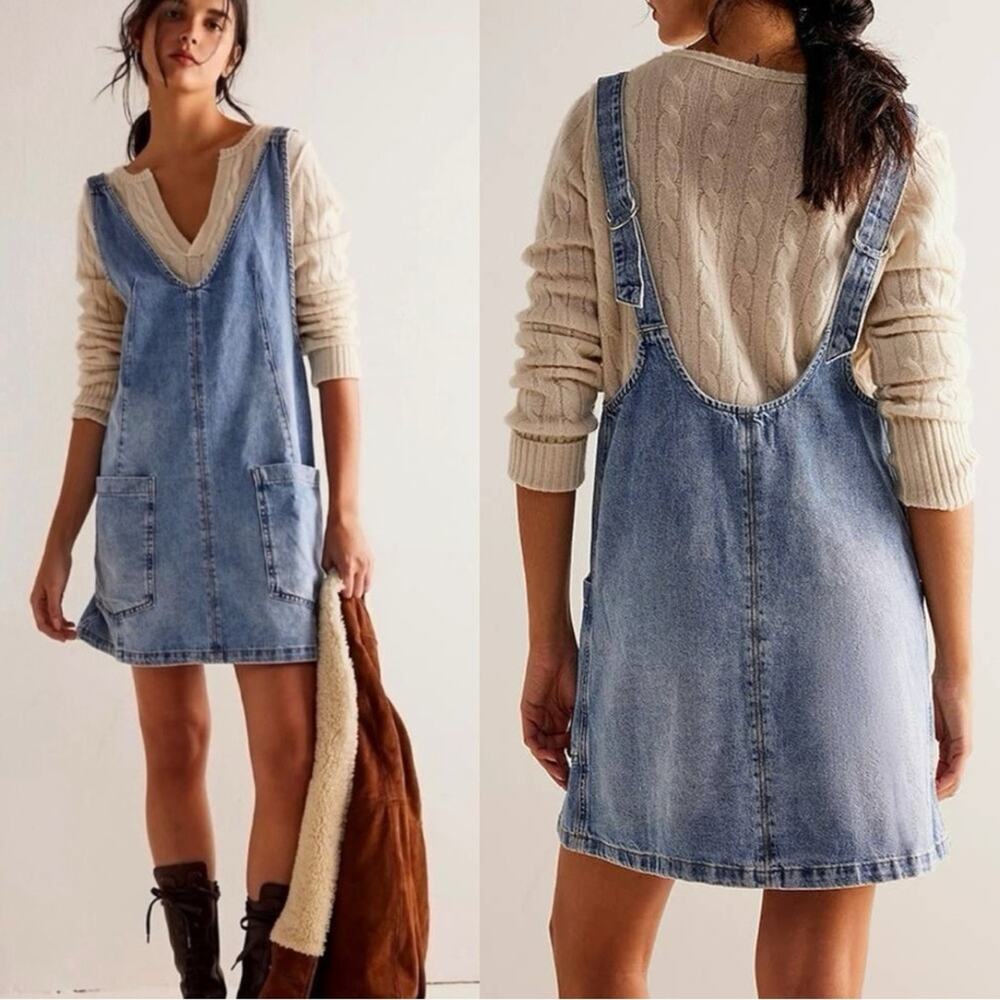 We The Free Light Wash Denim Pinafore Mini Dress